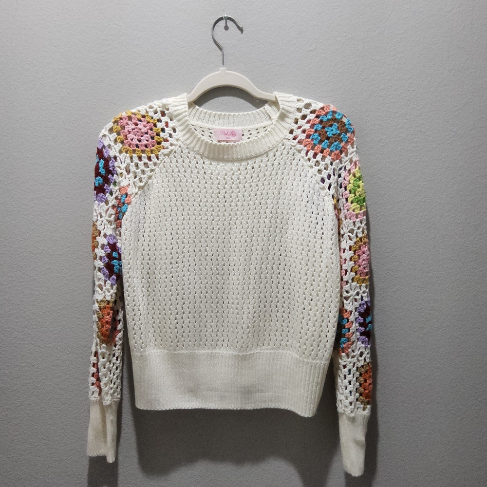 Pink Lily Off-the-Shoulder Sweater with Multicolor Sleeves - Picture 3 of 5